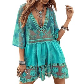 Eomenie - Traje de baño de encaje en contraste para mujer, con cuello en V, traje de baño suelto para verano, playa, ropa de playa, Azul/claro, Talla única