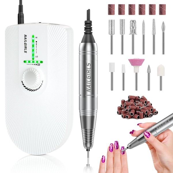 Nail Drill NAILGIRLS Rechargeable Electric Nail File 35000RPM Portable Electric Nail Drill Machine with 11 Bits and 26 Sanding Bands Nail Drills for Gel Nails Manicure Tools for Home & Salon Use