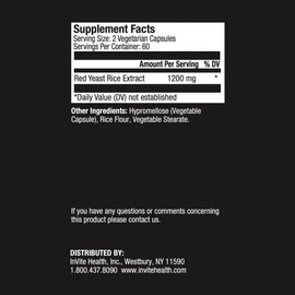 Invite Health Red Yeast Rice, Herbal support for cholesterol levels already within a normal range, 120 vegetarian capsules (Pack of 2)
