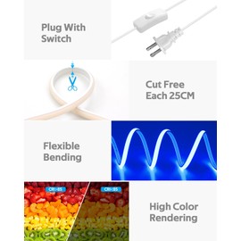 Samsion Blue COB LED Strip Lights Outdoor Waterproof 120V 65.6FT COB LED Rope Lights Indoor Super Bright Flexible LED Tape Lights with Switch Plug in 288Leds/M for Indoor Exquisite Wall Decor 20M