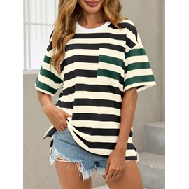 Womens Oversized Color Block Striped Tshirts Summer Casual Short Sleeve Tops Loose Fit Crew Neck Shirts Black