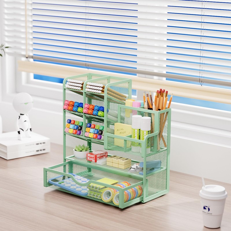 Marbrasse Mesh Desk Organiser, Multifunctional Pen Holder with Drawer, Storage