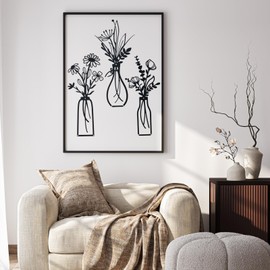 Metal Wall Decor 3 Pcs 14.6 Inches Wrought Iron Flowers and Vases for Living Room, Accent Wall Art for Bedroom, Large Modern Home Wall Sculpture, Black