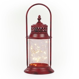 Alpine Corporation Antique Metal & Glass Lantern with Warm LED Lights, Red