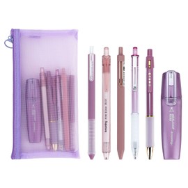 Buqoo Gel Pen, 5pcs Retractable Gel Pens Quick Dry Ink Pens 0.5mm Black Ink Pen with Highlighter, Various Styles of Pens for School Home Office (Purple)