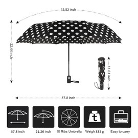 Agaric Cute Polka Dots Umbrella Compact Travel Umbrella - 10 Ribs Windproof, 42.52” Auto Open/Close Portable with Reinforced Canopy and Ergonomic Handle (Black)
