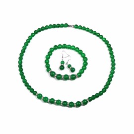 Elegant Faux Pearl Imitation Crystal Necklace Earring and Bracelet Red Green Color Costume Jewelry Set for Women - Green