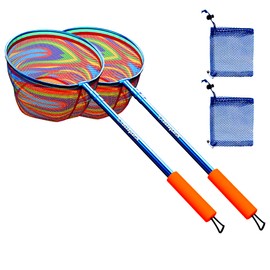 DaddyGoFish Kids Fishing Net - Ultralight Telescopic Landing Net Bait Pouch for Catching Fish Frog Minnow Cricket Butterfly at Water Beach Lake Pond Gifts for Boys and Girls 2 Pack - Blue + Blue