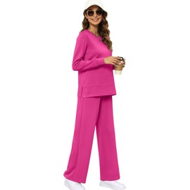 XIEERDUO Two Piece Outfits for Women Fall Long Sleeve Lounge Sets Winter Trendy Wide Leg Loungewear Airport Sweatsuit Vacation Track Suit Women's Crewneck Cruise Resort Wear S Pink