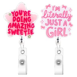 PLwelth Funny Badge Reel Cute Retractable Name ID Clip Badge Holder with Swivel Alligator Clip Pink Flower Star Bow Badges Reels for Nurse Doctor Office Coworker Medical Assistant Accessories Gift