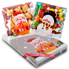 Artby7 100Pcs Christmas Cellophane Treat Bags, 4x4 inches Xmas Cello Candy Bags Christmas Party Favor Bags for Snack Cookies