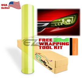 EZAUTO WRAP Free Tool Kit 12"x24" (1FT x 2FT) Glossy Neon Yellow Headlight Taillight Fog Light Side Marker Vinyl Tint Film Self Adhesive