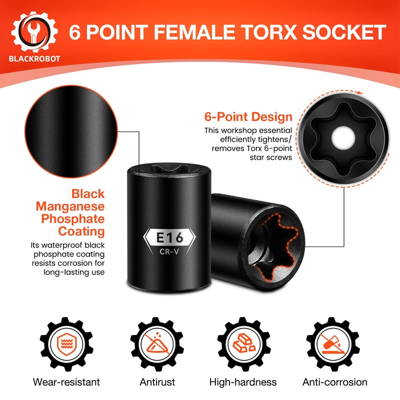BLACKROBOT E Torx & Star Socket Set With Rail, 11-Piece