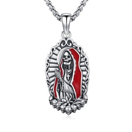 Adnix Santa Muerte Necklace 925 Sterling Silver La Santa Muerte Necklace Plata Protection Grim Reaper Santa Muerte Pendant Amulet Jewelry for Men