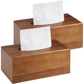2 Pack Wood Tissue Box Cover Rectangular- Acacia Wood Rectangle Wooden Tissue Box Holder for Tabletop Night Stands Bathroom Office - Decorative Facial Cube Tissue Box Cover for Modern Farmhouse Decor