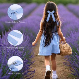 2 Pcs Cotton Linen Hair Bows,5 Inch Soft Cotton Linen Bow Hair Clips with Long Ponytail,Cute Non Slip Big Clips for Girls Toddler Baby School Kids(Blue)