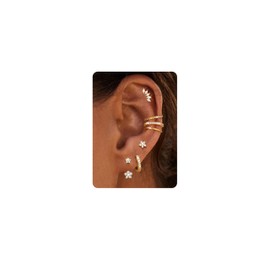 DOCHAIS 7 Pairs of Earrings 925 Silver Stud Women's 18 Carat Gold-Plated Stud Earrings Hoop Earrings Set with Ear Cuff Fake Piercing Helix Cartilage Tragus Conch Piercings Ear Earring Silver Gold
