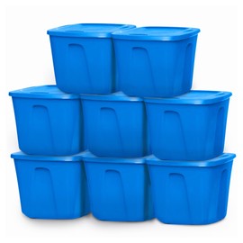 HOMZ 18 Gallon Medium Standard Stackable Plastic Storage Container Bin with Secure Snap Lid for Home Organization, Blue, 8 Pack