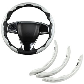 GIANT PANDA Carbon Fibre Pattern 3 Piece Steering Wheel Cover - Universal Fit for Round and D Shaped Steering Wheels, Non-Slip, White