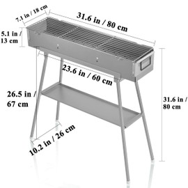 Portable Charcoal Grills, Stainless Steel BBQ Grill with Foldable Stand Adjustable Air Vents, Kebab Skewer BBQ Barbecue Grill Kit for Garden Backyard Party Picnic Travel Outdoor BBQ Use (31.6x7.1inch)
