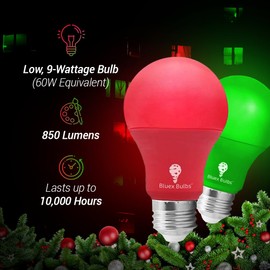 Bluex Bulbs 2 Pack Bluex LED A19 Red Light Bulb - 9W (60Watt Equivalent) - E26 Base Red LED Lights, Party Decoration, Porch, Home Lighting, Holiday Lighting, Decorative Illumination
