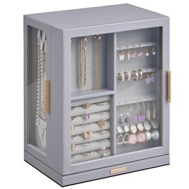 Glimmloop 360° Rotating Jewelry Box with 5 Drawers, Spacious Vertical Jewelry Organizer with Glass Window, Jewelry Storage Case, Dustproof & Moisture-resistant Design, Grey