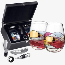 Artisanal Hand Painted Stemless Wine Glasses & Accessories Set & Box - Gift for Her, Wife, Mom, Friends, Girlfriend, Renaissance Romantic Stain-glassed Windows - Gifts Idea Birthday, Housewarming
