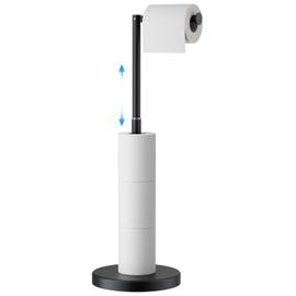 FORIOUS Toilet Paper Holder Stand Adjustable, Stainless Steel Freestanding Toilet Paper Holder with Storage, Bathroom Tissue Roll Stand Storage for 4 Rolls, Matte Black