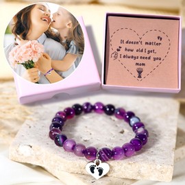Heart Stone Bracelet for Mom, Mother's Day Birthday Valentine's Day Christmas Gift from Son Daughter (Amethyst agate)