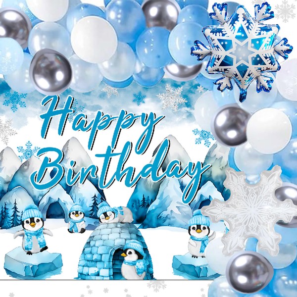 JeVenis Penguin Birthday Backdrop - Winter Onederland Party Decoration with
