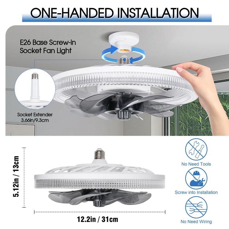 Socket Ceiling Fan Light,Bulb Socket Fan with Remote,Dimmable E26 Base