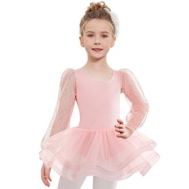 Arshiner Girls Ballet Dress Tutu Long Sleeve Kids Dance Gymnastics Leotard with 3-Layers Tiered Skirt Ballet Outfit Ballerina Costume Dancewear for Girl Pink 5–6 Years