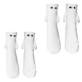 2 Pair Holding Hands Socks, Couple Magnetic Hand Socks, Mid Tube Funny Hand In Hand Socks, Novelty 3D Doll Cute Gifts Socks (2 Pair White)