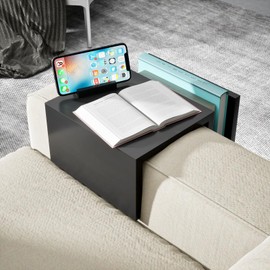 Stuffygreenus Wooden Couch Cup Holder with Side Storage Pocket Wooden Couch Armrest Table Sofa Arm Tray for TV Dinners Eating Drinks Snacks (Black)