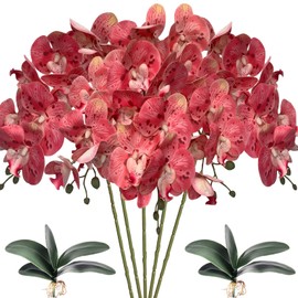 HinyoCo 5 Pcs Artificial Orchid Flowers and 2 Bundles Leaves,Artificial Phalaenopsis Flowers 32 Inch Stem Plants for Home Wedding Decoration (Pink Spots)