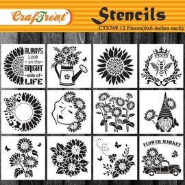 CrafTreat Reusable (12 pcs) Sunflower Set Stencils for Painting on Wood, Canvas, Paper, Fabric, Floor, Wall, Tile, DIY Art and Craft. 6x6 inch.