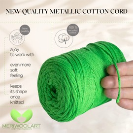 MeriWoolArt® Macrame Yarn Neon Green 2 mm x 250 m Cotton Cord, Recycled Soft Cotton Yarn for Knitting Plant Hangers, Jewellery Making, Crochet Bags