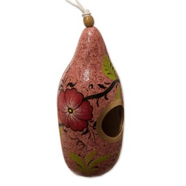NOVICA Artisan Handmade Painted Gourd Birdhouse from Peru Multicolor Outdoor Living Birdhouses NAT Geo Decor [11.5in H x 4.1in Diam.] ' Blossoms on Blush'