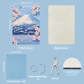 SUPERDANT 3D Mountain and Cherry Blossom Greeting Card Organizer Flowers Wooden Card Keeper Storage Birthday Postcard Binder Photo Album Cover with Punch and 20pcs Inner Pockets Keepsake Gifts