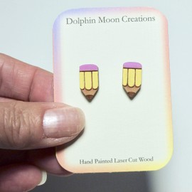 Pencil Hand Painted Laser Cut Wood Stud Earrings