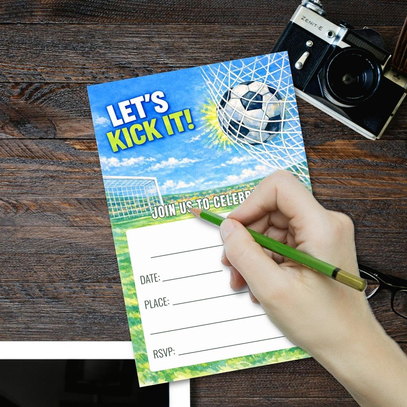 WENFLY Soccer Celebration Party Invitation Cards, Let's Kick It