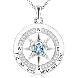 HOH-Tech Compass Necklace for Women 925 Sterling Silver Id be Lost without You Compass Necklace Birthstone Graduation Rose Jewelry Pendant for Mothers Wife Daughter-Mar-Aquamarine