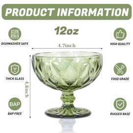 CHLJAR Vintage Glass Dessert Bowls Set of 6-12 Oz, Green Embossed Glass Ice Cream Bowls for coconut peach ice cream Fruit Pudding Trifle Parfait(12 Oz, rhombic)