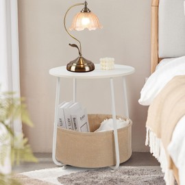 YSSOA Round Side Table, End Tables for Living Room, Small Bed Side Table, Modern White Night Stand for Bedside, Nursery, Bedroom with Cloth Storage Basket