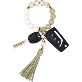 Pulsera de silicona con abalorio, llavero para mujer, con borla de piel