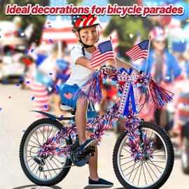 8pcs 4th of July Bike Decorations Kit - Patriotic Tinsel Garlands Bike Streamers Bow USA Flags, Independence Day Red White Blue Decor for Kids Adult Bicycle Parade Party Favor