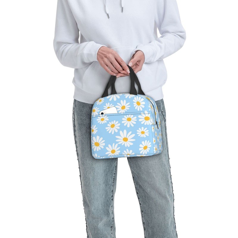 Echoserein Pretty Floral Daisy Light Blue Lunch Bag Insulated Lunch