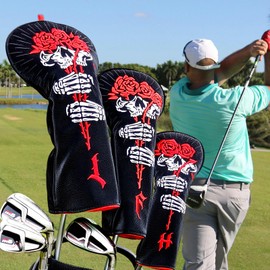 Golf Club Head covers Wood Set 3 PACKS (1.F.H) Set for Driver Fairway Hybrid with No.Tag Elastic Closure Black PU Leather Skull Rose Pattern