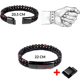 genac Original bracelet for men made of natural stone beads 6 mm and genuine leather with removable stainless steel magnetic clasp for easy adjustment of the length., Stone, stainless steel, leather