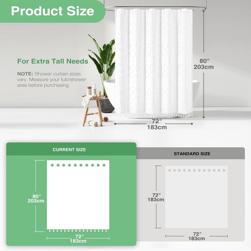 Dynamene 80 Inches Long Shower Curtain, Boho Tufted Geometric Striped